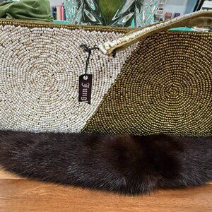 Jungle Beaded Clutch Gold Ivory Seed Bead Swirl Tassel Zipper Evening Bag 9x4.5